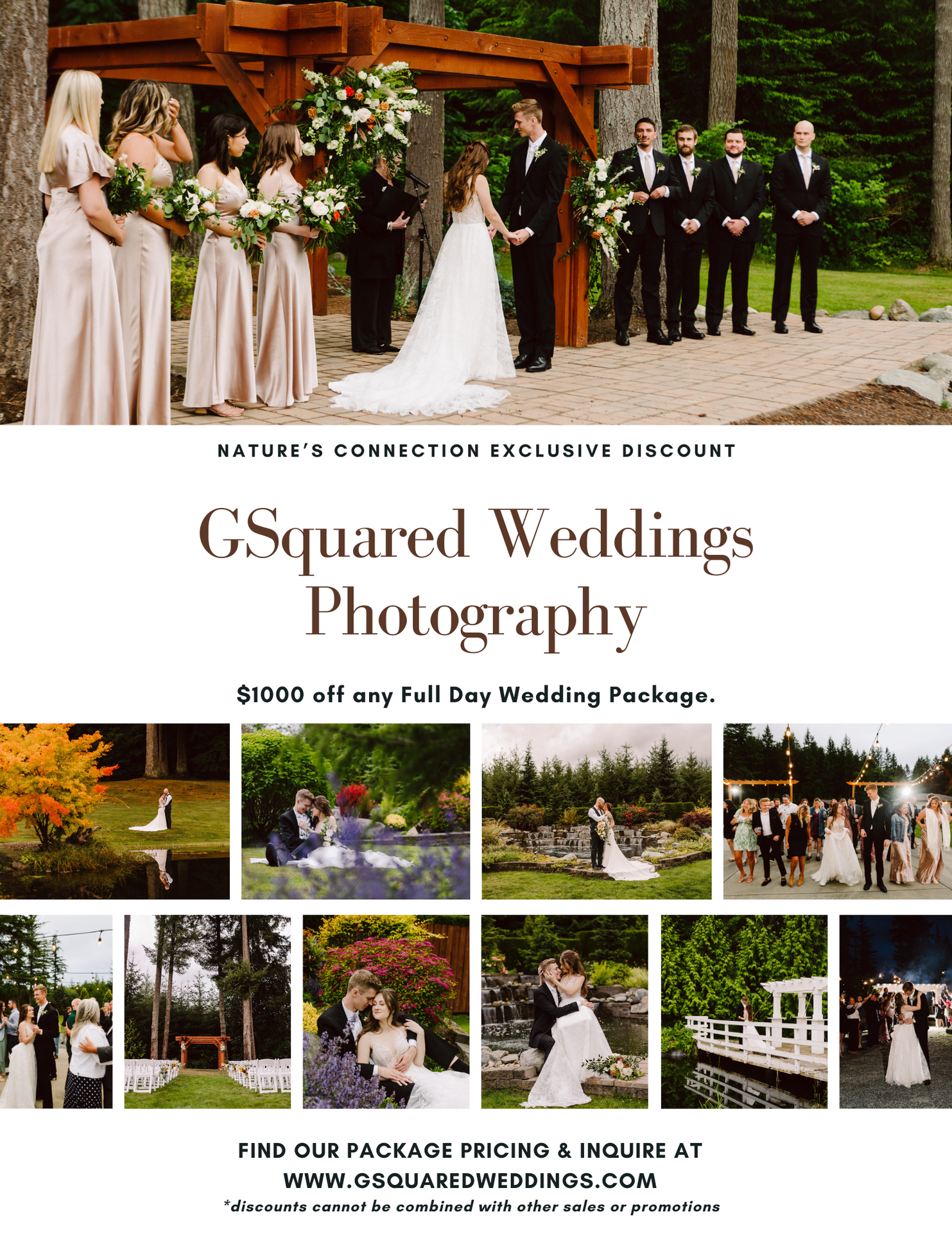 Snohomish Wedding Photographer GSquared Weddings A wedding photography ad featuring a bride, groom, and wedding party, with collage images of outdoor wedding scenes, flowers, and couples. Text offers $1000 off any full day wedding package from GSquared Weddings Photography. Serving Seattle, Snohomish and Orlando