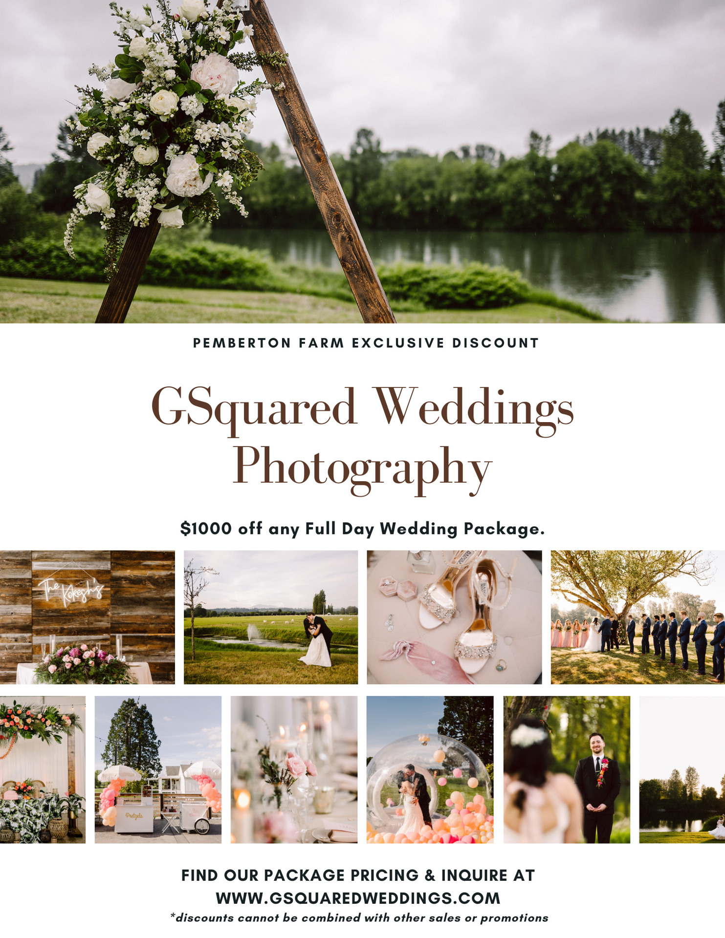 Snohomish Wedding Photographer GSquared Weddings A wedding photography promotion featuring floral wedding scenes, couples, and group shots by a lake, with text offering $1000 off a full day wedding package from GSquared Weddings Photography. Serving Seattle, Snohomish and Orlando