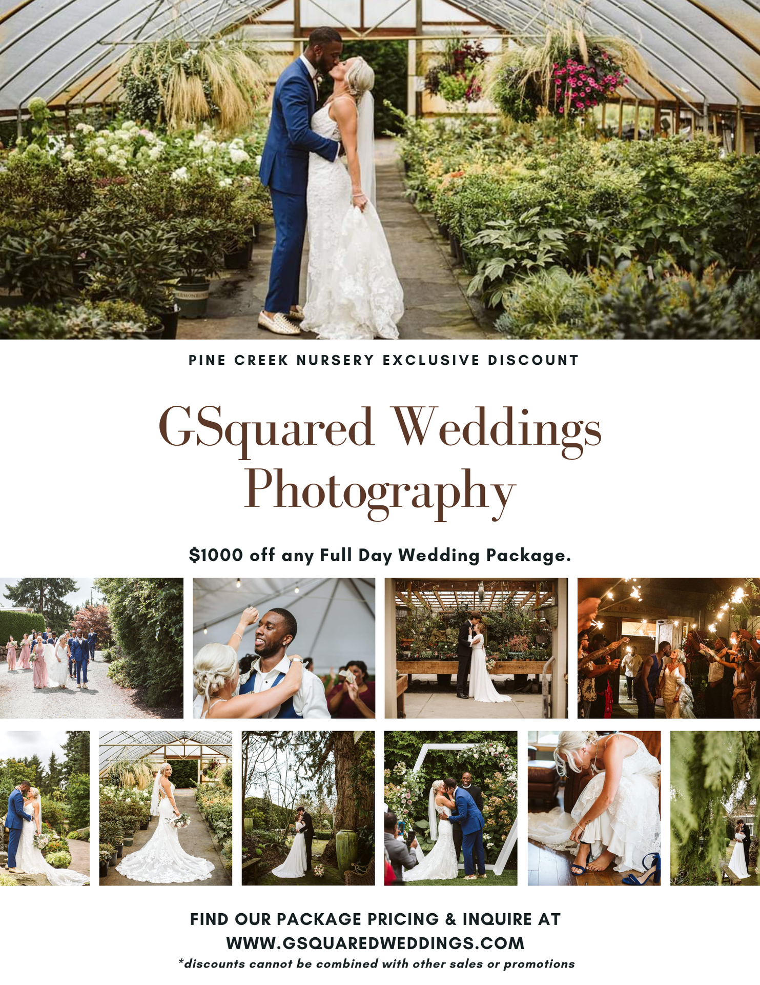 Snohomish Wedding Photographer GSquared Weddings A wedding photography flyer featuring a couple kissing in a greenhouse, surrounded by smaller wedding photos. Text offers $1000 off any full day wedding package from GSquared Weddings Photography. Serving Seattle, Snohomish and Orlando