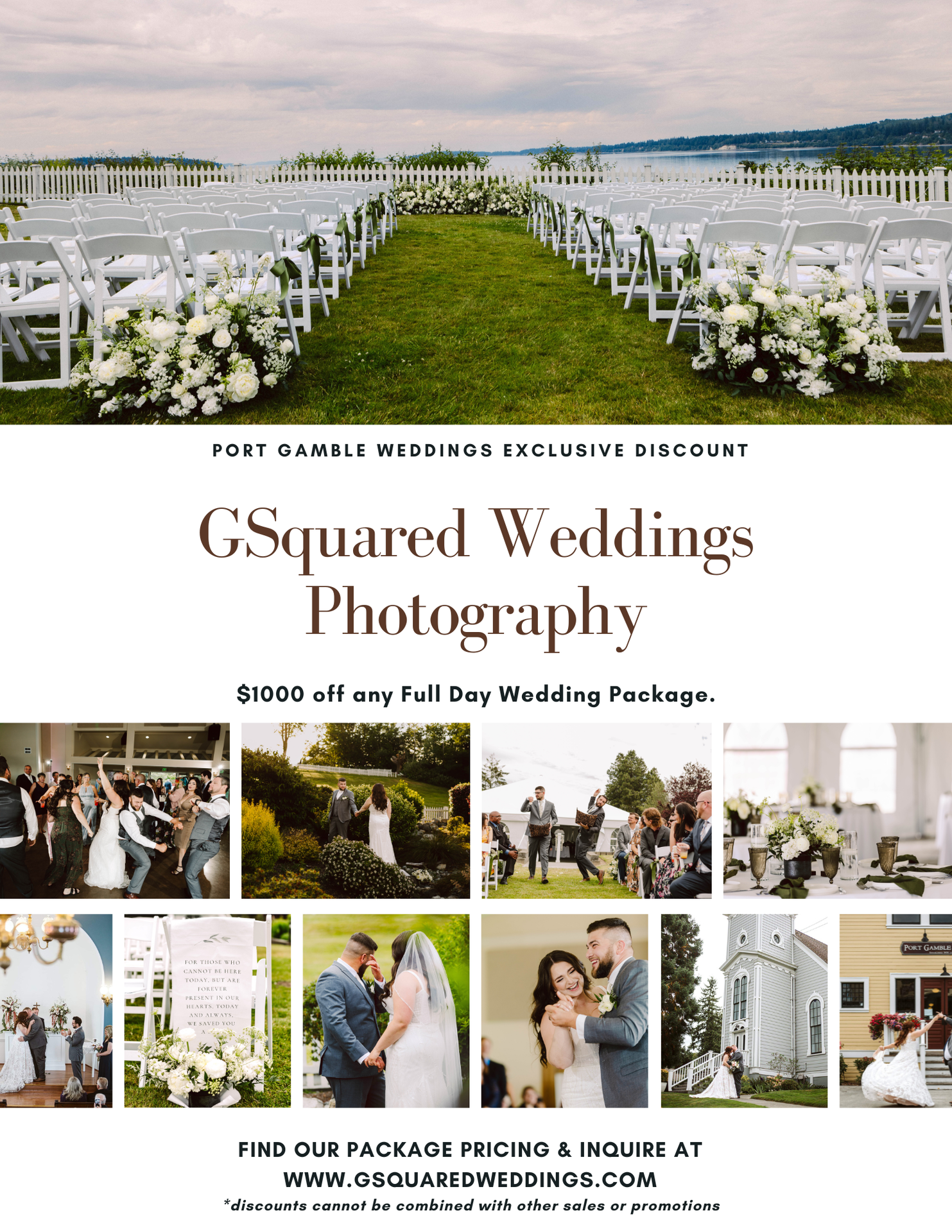 Snohomish Wedding Photographer GSquared Weddings An outdoor wedding ceremony setup with white chairs and floral arrangements overlooks water. Below are photos of weddings, couples, celebrations, and decor, plus text promoting $1000 off GSquared Weddings Photography packages. Serving Seattle, Snohomish and Orlando