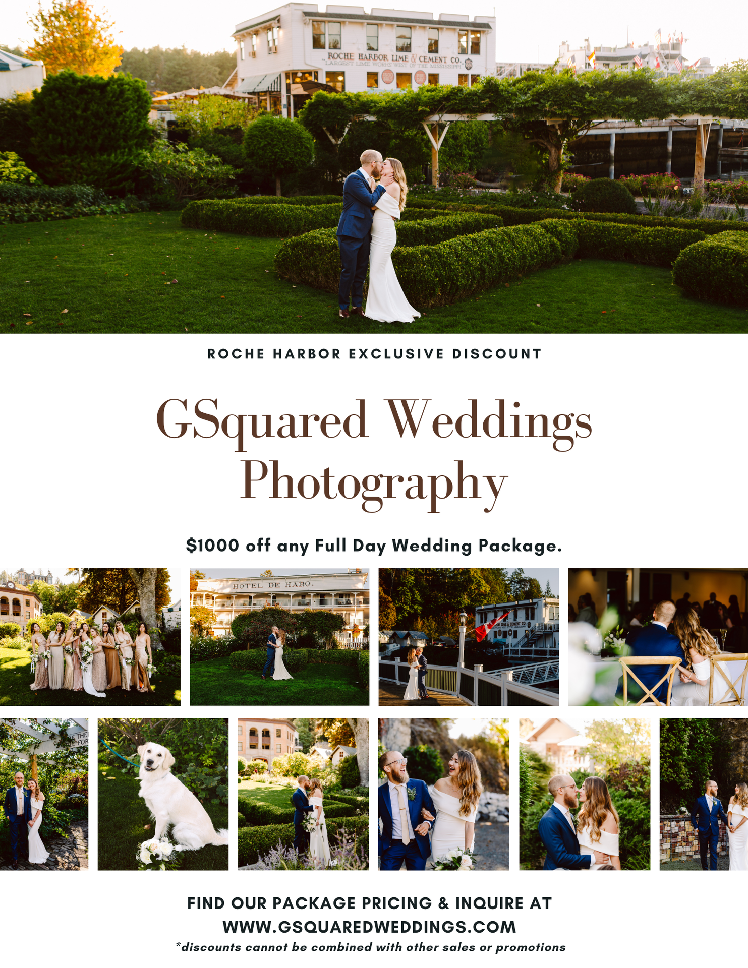 Snohomish Wedding Photographer GSquared Weddings A wedding photography advertisement featuring couples and groups at outdoor ceremonies and receptions, a dog, and scenic venues, offering $1000 off full day packages from GSquared Weddings Photography at Roche Harbor. Serving Seattle, Snohomish and Orlando