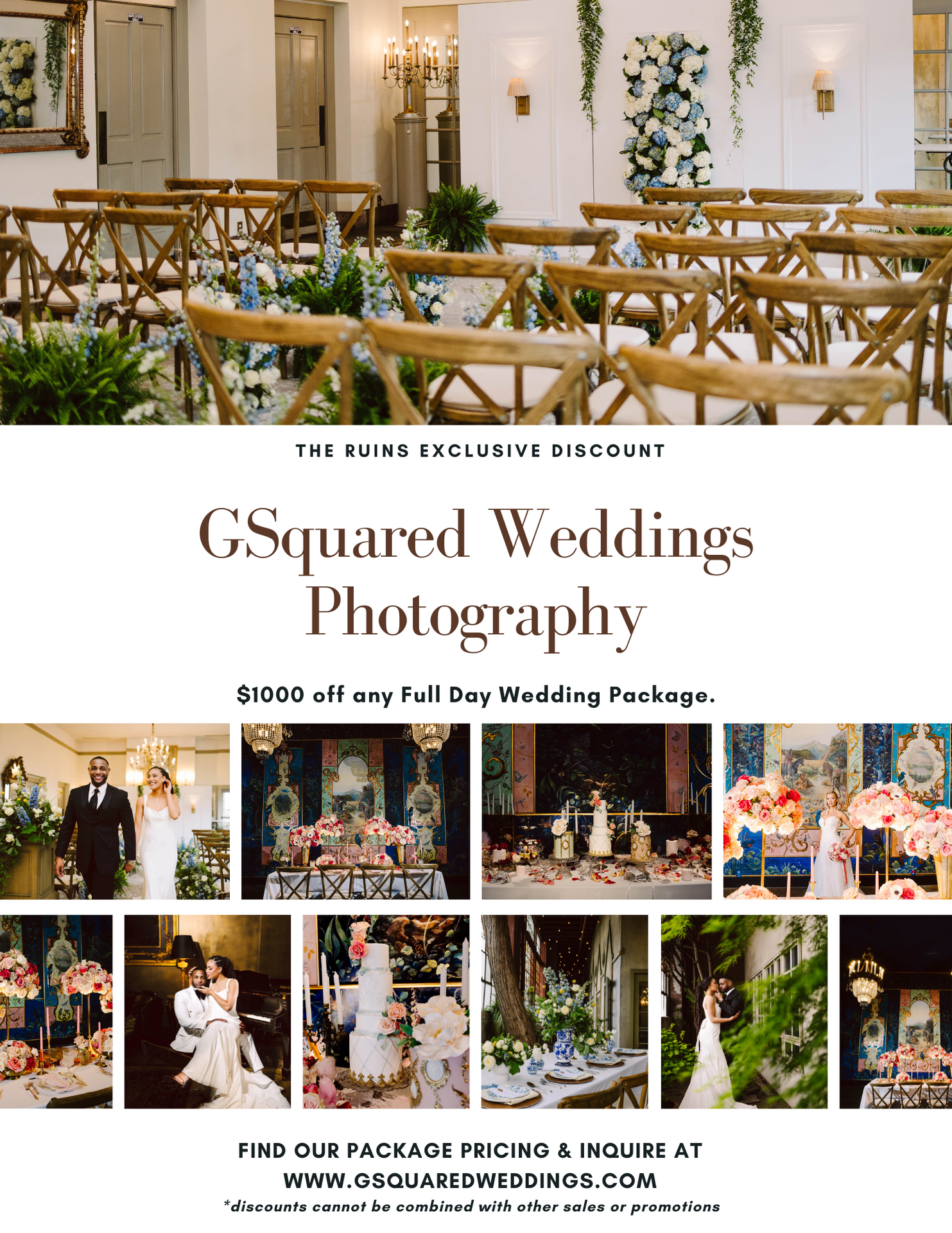 Snohomish Wedding Photographer GSquared Weddings A wedding photography promotion displaying an elegant ceremony setup, couples, and decorated venues. Text offers $1000 off full day packages from GSquared Weddings Photography, with website and discount details. Serving Seattle, Snohomish and Orlando