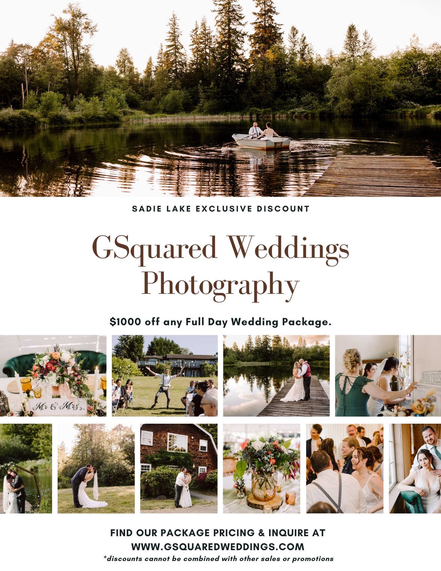 Snohomish Wedding Photographer GSquared Weddings A wedding photography advertisement with nature and wedding scenes, offering $1000 off any full day wedding package from GSquared Weddings. Includes a scenic lake photo and images of couples and guests celebrating outdoors. Serving Seattle, Snohomish and Orlando