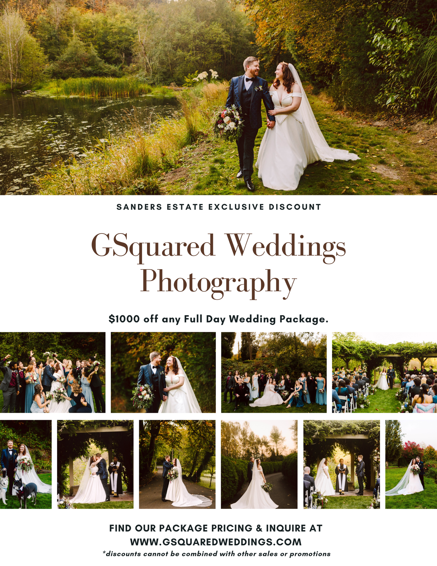 Snohomish Wedding Photographer GSquared Weddings A wedding photography promotion shows a bride and groom by a pond, surrounded by smaller photos of weddings outdoors. Text offers $1000 off full-day packages from GSquared Weddings Photography at Sanders Estate. Serving Seattle, Snohomish and Orlando
