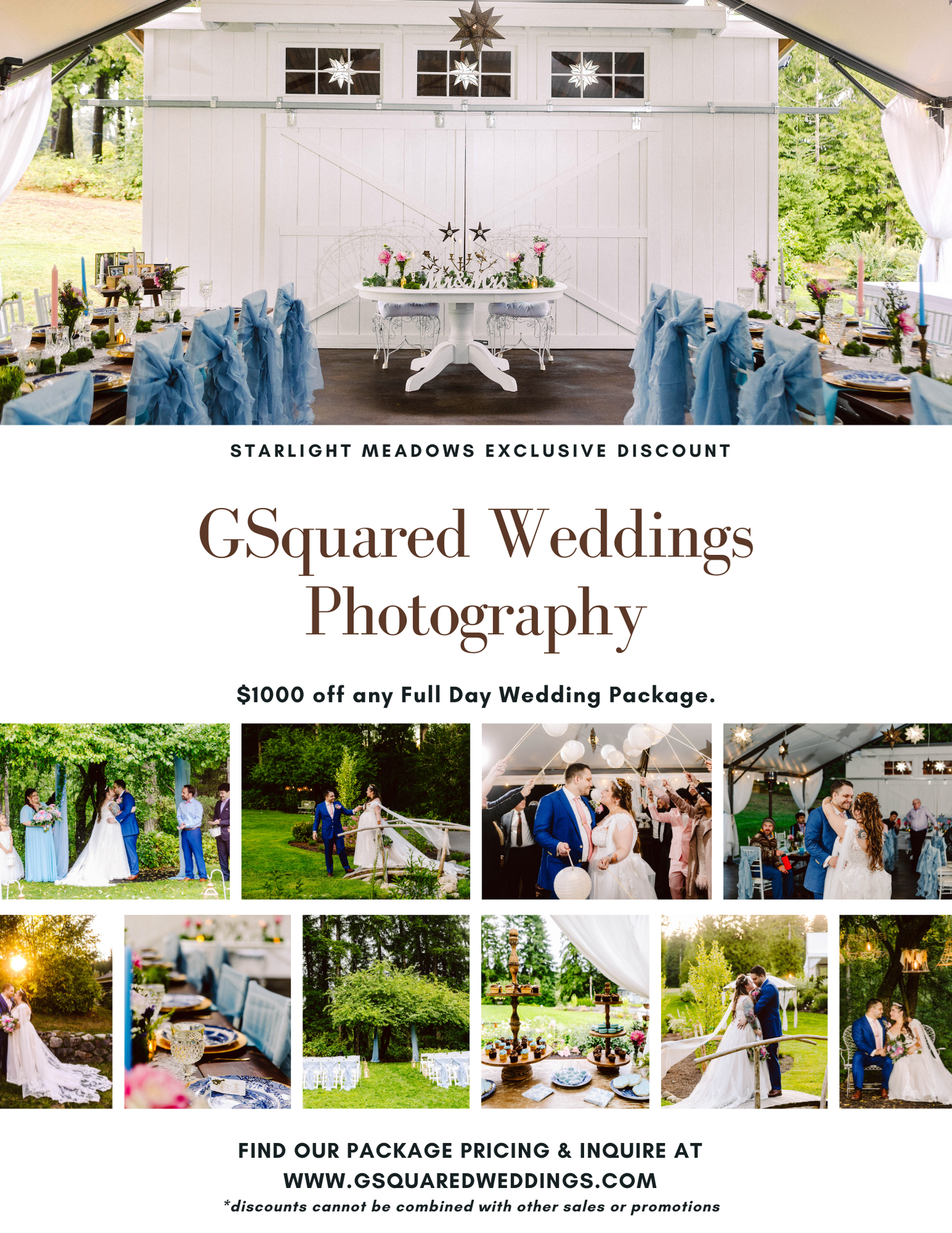 Snohomish Wedding Photographer GSquared Weddings A wedding photography advertisement featuring elegant table settings, couples dancing, outdoor ceremonies, and close-up shots of wedding décor. Text offers $1000 off any full day wedding package from GSquared Weddings Photography. Serving Seattle, Snohomish and Orlando