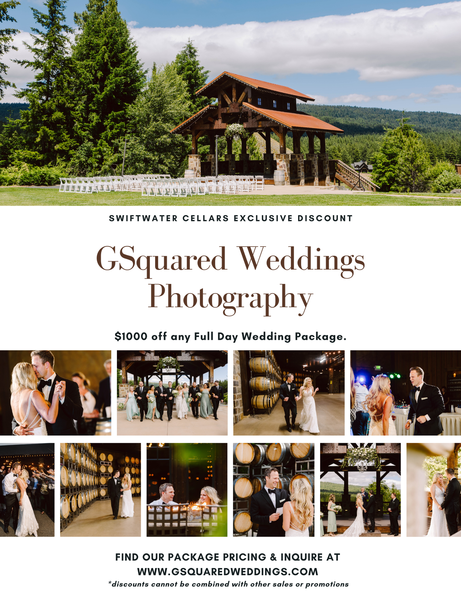 Snohomish Wedding Photographer GSquared Weddings A wedding photography ad featuring a scenic outdoor venue, dancing couples, and bridal party moments. Text offers $1000 off full day wedding packages from GSquared Weddings Photography at Swiftwater Cellars. Serving Seattle, Snohomish and Orlando