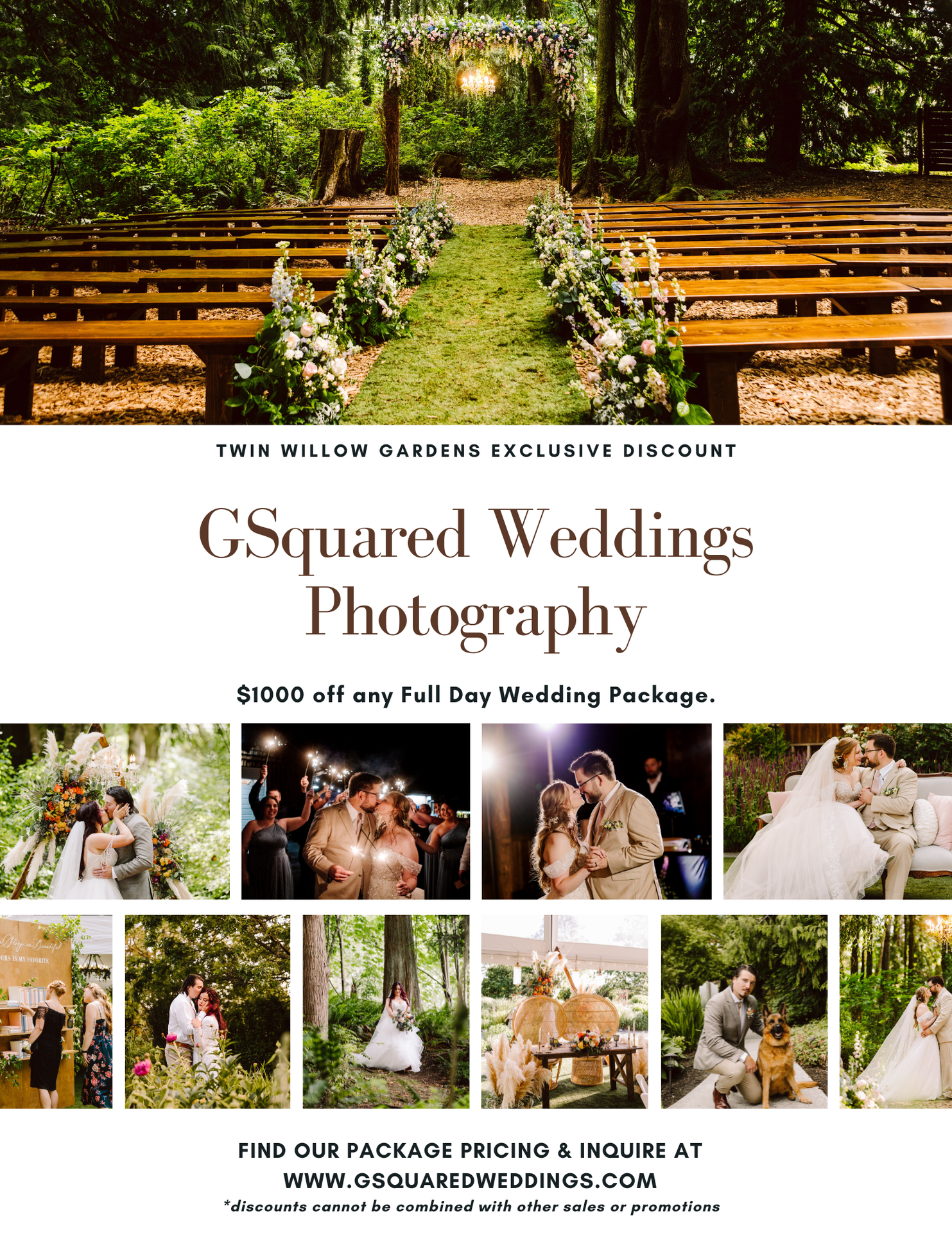 Snohomish Wedding Photographer GSquared Weddings A wedding photography advertisement for GSquared Weddings shows a forest ceremony site, multiple wedding couples, and guests celebrating. Text offers $1000 off full day packages at Twin Willow Gardens and includes contact details. Serving Seattle, Snohomish and Orlando