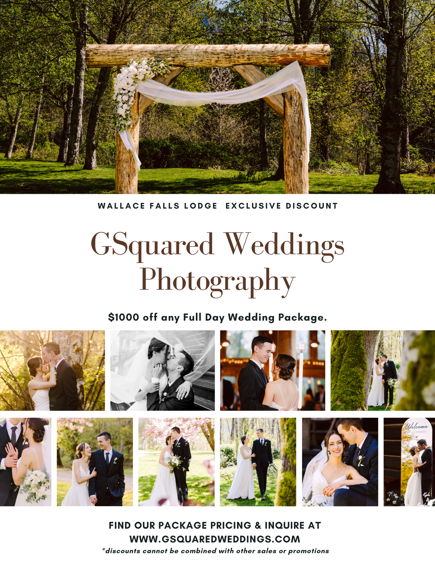 Snohomish Wedding Photographer GSquared Weddings A wedding photography promotion showing a rustic outdoor altar and a collage of bride and groom photos. Text offers $1000 off full day packages from GSquared Weddings Photography at Wallace Falls Lodge. Serving Seattle, Snohomish and Orlando