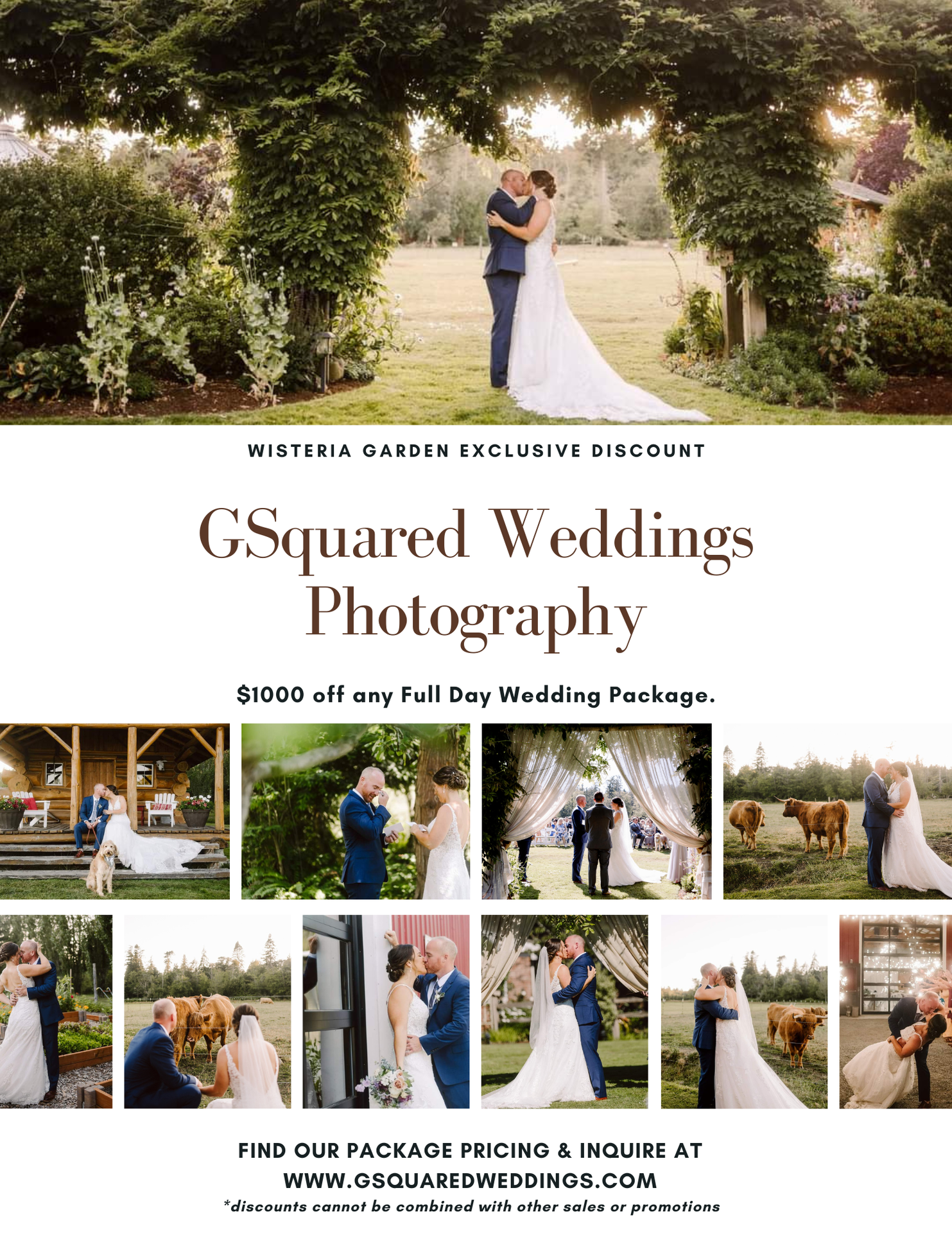Snohomish Wedding Photographer GSquared Weddings A wedding photography promotion featuring a couple kissing under an arch and multiple outdoor wedding scenes, offering $1000 off full-day packages at GSquared Weddings. Serving Seattle, Snohomish and Orlando