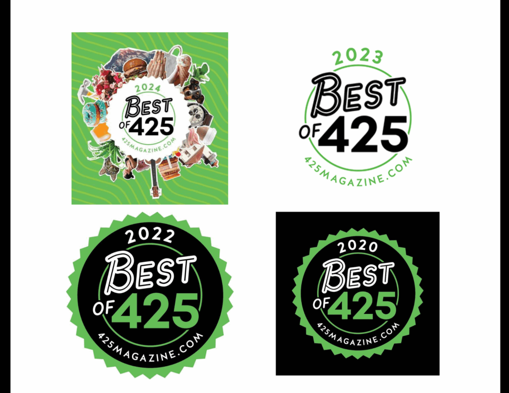 Snohomish Wedding Photographer GSquared Weddings Four Best of 425 award logos from 2020–2024, each featuring bold text, circular designs, and the website 425magazine.com. The 2024 logo includes photos of food, drinks, and flowers on a green background. Serving Seattle, Snohomish and Orlando