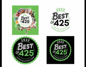 Snohomish Wedding Photographer GSquared Weddings Four Best of 425 award logos from 2020–2024, each featuring bold text, circular designs, and the website 425magazine.com. The 2024 logo includes photos of food, drinks, and flowers on a green background. Serving Seattle, Snohomish and Orlando