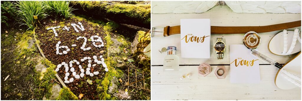 Snohomish Wedding Photographer GSquared Weddings On the left, white stones on a mossy surface in Snohomish spell T+N 6-29 2024. On the right, a flat lay showcases wedding items: two vow books, a watch, rings, perfume, a belt, and high heel shoes on a white wooden background. Serving Seattle, Snohomish and Orlando