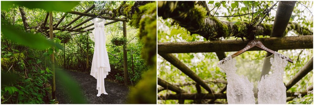 Snohomish Wedding Photographer GSquared Weddings A white lace wedding dress elegantly hangs from a wooden trellis in the lush, green Snohomish forest. The left image reveals the full gown, while the right image captures a close-up of its intricate lace details and exquisite design. Serving Seattle, Snohomish and Orlando