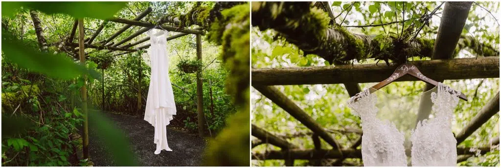 Snohomish Wedding Photographer GSquared Weddings A white lace wedding dress elegantly hangs from a wooden trellis in the lush, green Snohomish forest. The left image reveals the full gown, while the right image captures a close-up of its intricate lace details and exquisite design. Serving Seattle, Snohomish and Orlando