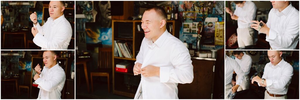 Snohomish Wedding Photographer GSquared Weddings A man in a white shirt, smiling and adjusting it. Various shots capture him buttoning cuffs in a room adorned with eclectic Snohomish decor and bookshelves. Serving Seattle, Snohomish and Orlando