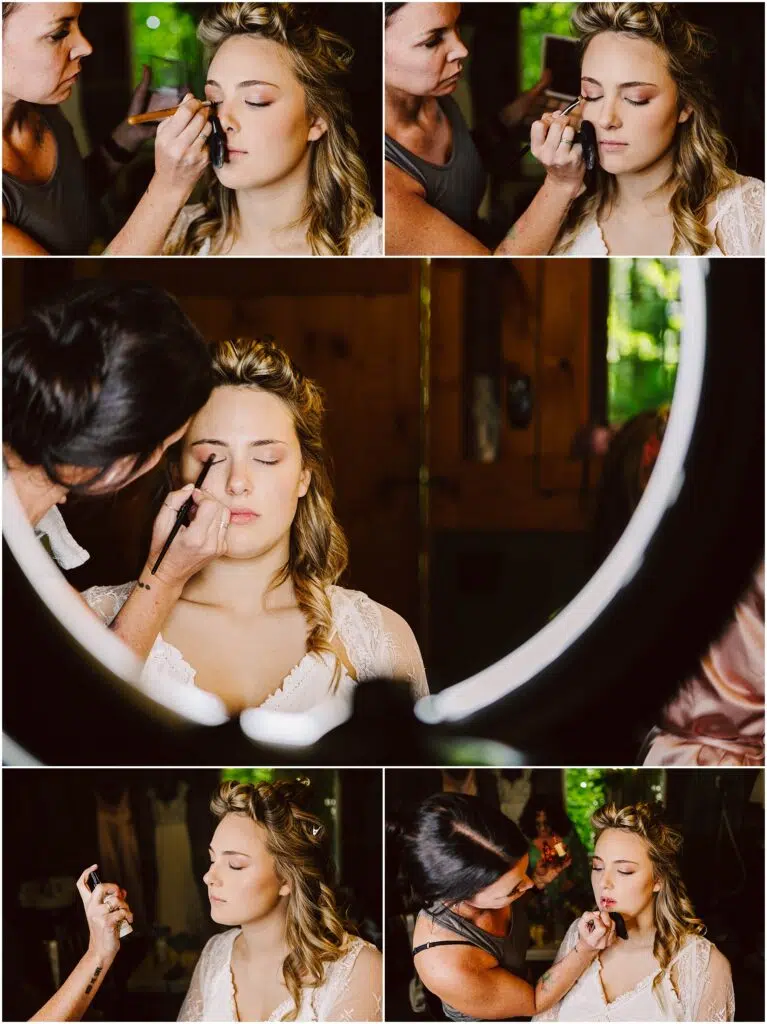 Snohomish Wedding Photographer GSquared Weddings In a cozy Snohomish setting, a woman with closed eyes is having her makeup artfully applied by another woman. Close-up shots reveal the artist deftly using eyeliner, mascara, and other cosmetics. Soft lighting complements the scene, highlighted by a circular mirror in the background. Serving Seattle, Snohomish and Orlando