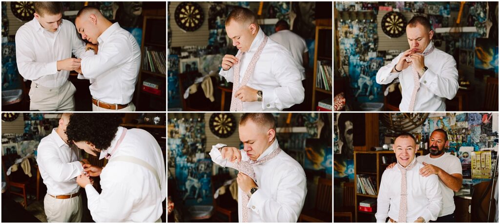 Snohomish Wedding Photographer GSquared Weddings A series of six images showing a man from Snohomish getting ready. He adjusts his tie and shirt cuffs with the help of others. The background is cluttered with photos and a dartboard, capturing a casual yet focused atmosphere. Serving Seattle, Snohomish and Orlando