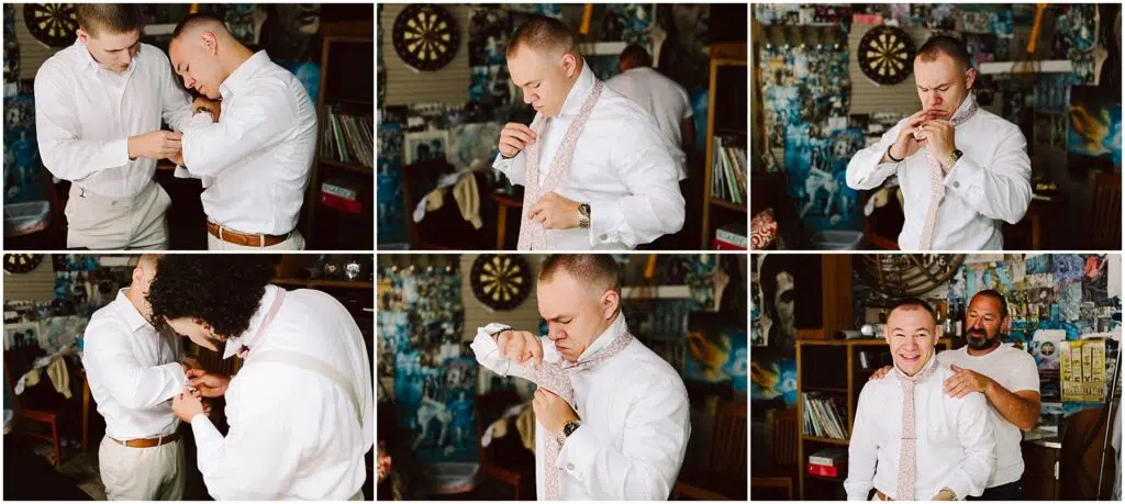 Snohomish Wedding Photographer GSquared Weddings A series of six images showing a man from Snohomish getting ready. He adjusts his tie and shirt cuffs with the help of others. The background is cluttered with photos and a dartboard, capturing a casual yet focused atmosphere. Serving Seattle, Snohomish and Orlando