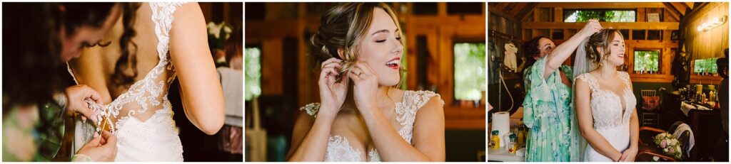 Snohomish Wedding Photographer GSquared Weddings Three-panel image: Left, a brides dress being buttoned. Center, a smiling bride in Snohomish adjusts her earring. Right, a woman helps the bride with her hair in a warmly lit room. Serving Seattle, Snohomish and Orlando