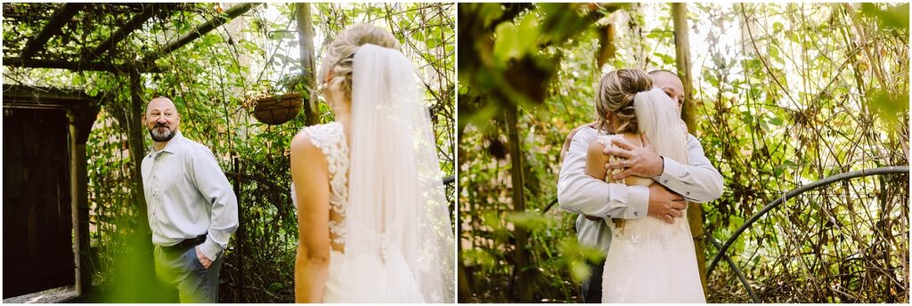 Snohomish Wedding Photographer GSquared Weddings In a lush, green Snohomish garden, a bride in a lace gown and veil meets a bearded man in a light blue shirt. In the first image, they gaze at each other; in the second, they share an embrace beneath a leafy archway. Serving Seattle, Snohomish and Orlando