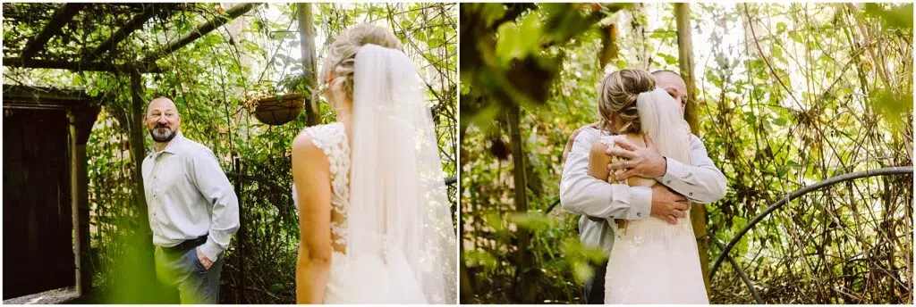 Snohomish Wedding Photographer GSquared Weddings In a lush, green Snohomish garden, a bride in a lace gown and veil meets a bearded man in a light blue shirt. In the first image, they gaze at each other; in the second, they share an embrace beneath a leafy archway. Serving Seattle, Snohomish and Orlando