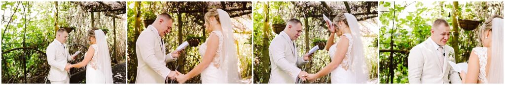 Snohomish Wedding Photographer GSquared Weddings In Snohomish, a couple exchanges vows beneath a leafy archway. Clad in white, the groom holds a piece of paper as the brides veil gently sways. Emotion and happiness fill the air, surrounded by lush greenery basking in sunlight. Serving Seattle, Snohomish and Orlando