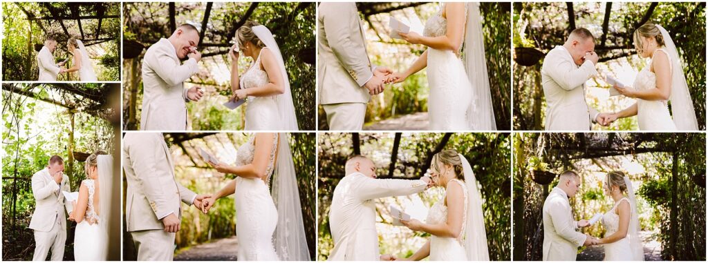 Snohomish Wedding Photographer GSquared Weddings In a lush, leafy setting in Snohomish, the bride and groom, both in elegant attire, share a tender moment. They hold hands and exchange notes with emotional reactions amid the greenery of their outdoor ceremony. Serving Seattle, Snohomish and Orlando
