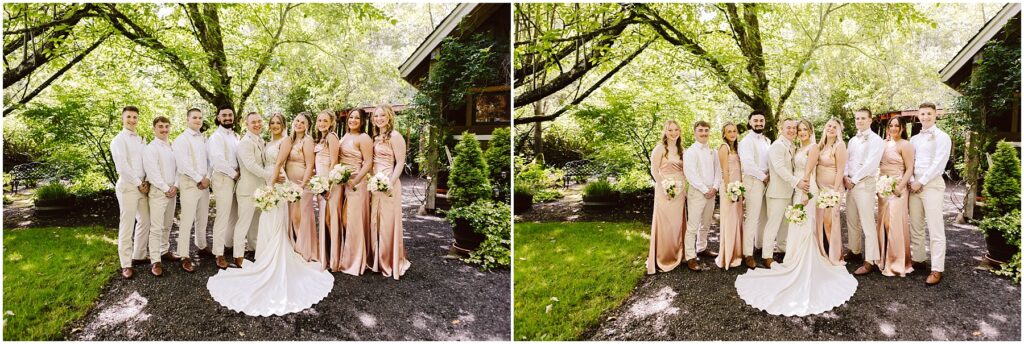 Snohomish Wedding Photographer GSquared Weddings A wedding party stands outdoors under the Snohomish trees, with the bride and groom in the center. The bride wears a white gown, the groom a beige suit, and bridesmaids in light beige dresses. Groomsmen sport light shirts and pants. Everyone holds bouquets. Serving Seattle, Snohomish and Orlando
