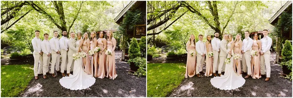 Snohomish Wedding Photographer GSquared Weddings A wedding party stands outdoors under the Snohomish trees, with the bride and groom in the center. The bride wears a white gown, the groom a beige suit, and bridesmaids in light beige dresses. Groomsmen sport light shirts and pants. Everyone holds bouquets. Serving Seattle, Snohomish and Orlando