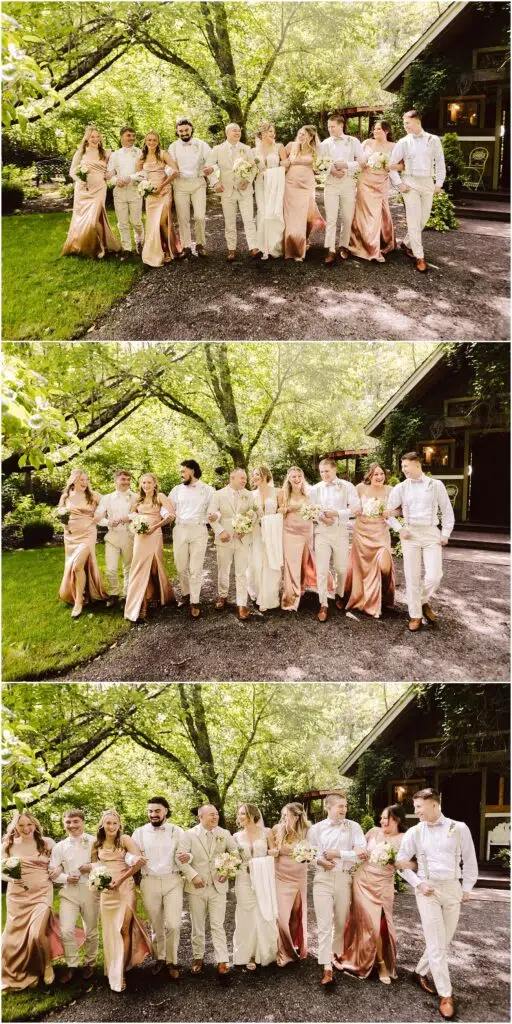 Snohomish Wedding Photographer GSquared Weddings A wedding party strolls together in Snohomish on a sunny day. Bridesmaids in satin dresses of varying pink hues and groomsmen in light suits smile and hold bouquets, embraced by lush greenery and a rustic building. Serving Seattle, Snohomish and Orlando