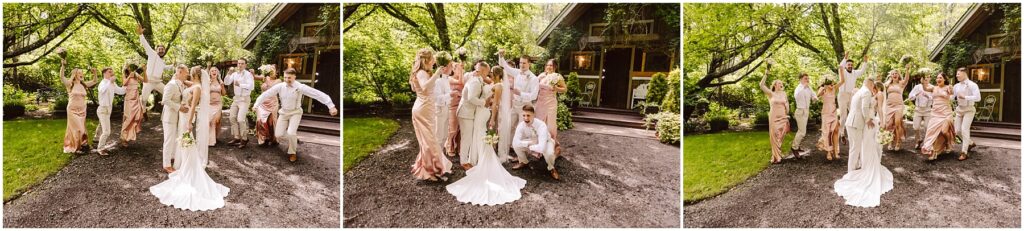 Snohomish Wedding Photographer GSquared Weddings In Snohomish, a bride and groom celebrate with a joyful wedding party surrounded by lush greenery. Everyone is smiling, with some members jumping or posing playfully. The group is dressed in elegant attire in soft, neutral colors. Serving Seattle, Snohomish and Orlando