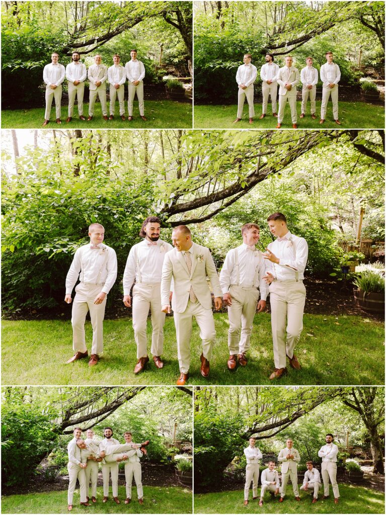 Snohomish Wedding Photographer GSquared Weddings A series of photos captures five men in light-colored suits, standing and walking on lush green grass in Snohomish. They appear cheerful, posing and interacting playfully under a large tree. Serving Seattle, Snohomish and Orlando