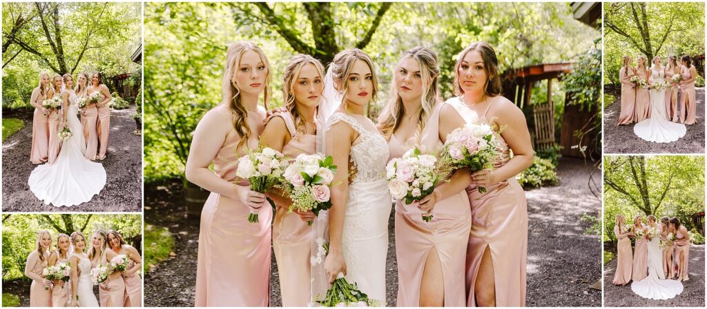 Snohomish Wedding Photographer GSquared Weddings In a lush Snohomish garden, a bride stands with four bridesmaids in blush dresses, each holding bouquets of white and pink flowers. The group arranges themselves creatively for the photo collage amidst the trees, capturing the days enchanting essence. Serving Seattle, Snohomish and Orlando