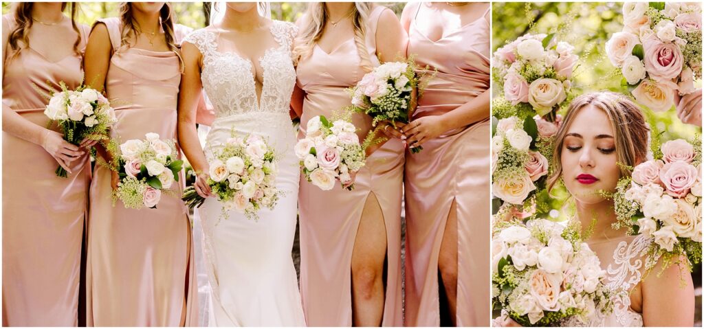 Snohomish Wedding Photographer GSquared Weddings A bride and her bridesmaids in pale pink dresses hold rose bouquets in a picturesque Snohomish setting. On the left, their ensembles shine, while on the right, the bride is enveloped by flowers, eyes closed amidst soft pink and white roses in a lush outdoor scene. Serving Seattle, Snohomish and Orlando