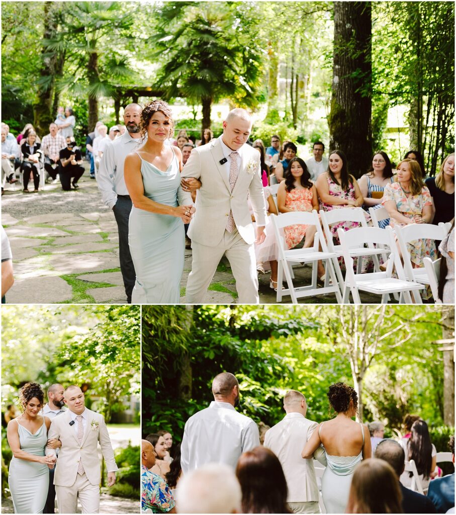Snohomish Wedding Photographer GSquared Weddings In the lush greenery of Snohomish, a couple walks down the aisle with smiles and clasped hands. Guests sit, captivated by the outdoor ceremony. Both are dressed in light-colored outfits, perfectly complementing the serene setting. Serving Seattle, Snohomish and Orlando