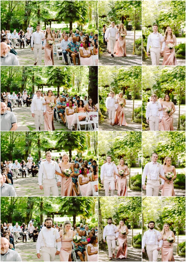 Snohomish Wedding Photographer GSquared Weddings A collage of wedding photos captures bridesmaids and groomsmen walking down an outdoor aisle lined with guests in Snohomish. The lush setting is vibrant with greenery. Bridesmaids wear blush dresses and hold bouquets; groomsmen sport light shirts and khaki pants. Serving Seattle, Snohomish and Orlando