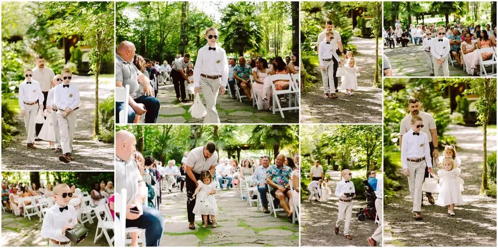 Snohomish Wedding Photographer GSquared Weddings A collage of wedding scenes in a lush Snohomish setting. Young boys in white shirts and bow ties walk down the aisle, one holding a sign. A child in a crown is escorted by a man. Guests seated along the aisle watch the procession eagerly. Serving Seattle, Snohomish and Orlando