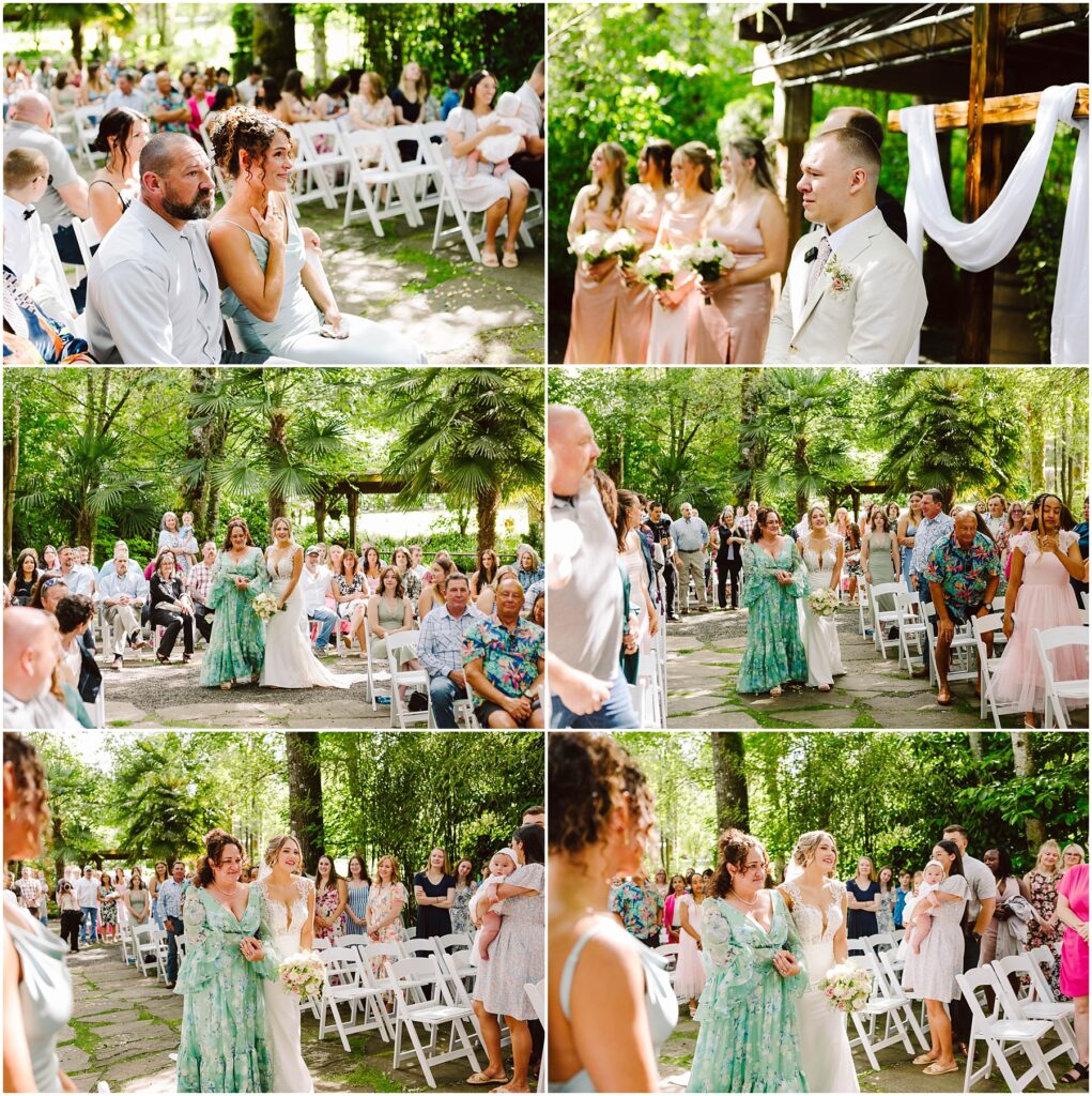 Snohomish Wedding Photographer GSquared Weddings A vibrant outdoor wedding ceremony unfolds in Snohomish, where guests sit on white chairs. Bridesmaids in pastel dresses carry bouquets, and the groom stands at an altar adorned with drapery. The setting is lush with greenery, sunlight filtering through the trees. Serving Seattle, Snohomish and Orlando