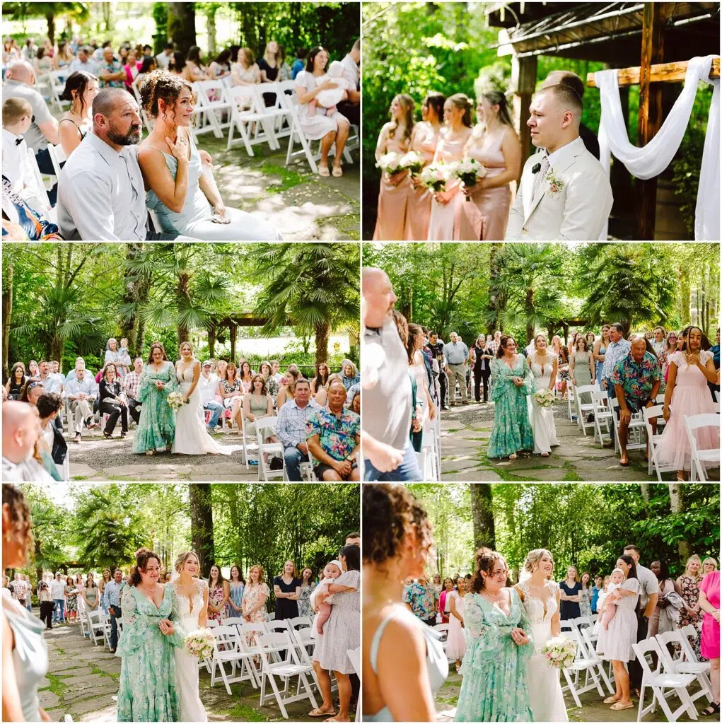 Snohomish Wedding Photographer GSquared Weddings A vibrant outdoor wedding ceremony unfolds in Snohomish, where guests sit on white chairs. Bridesmaids in pastel dresses carry bouquets, and the groom stands at an altar adorned with drapery. The setting is lush with greenery, sunlight filtering through the trees. Serving Seattle, Snohomish and Orlando