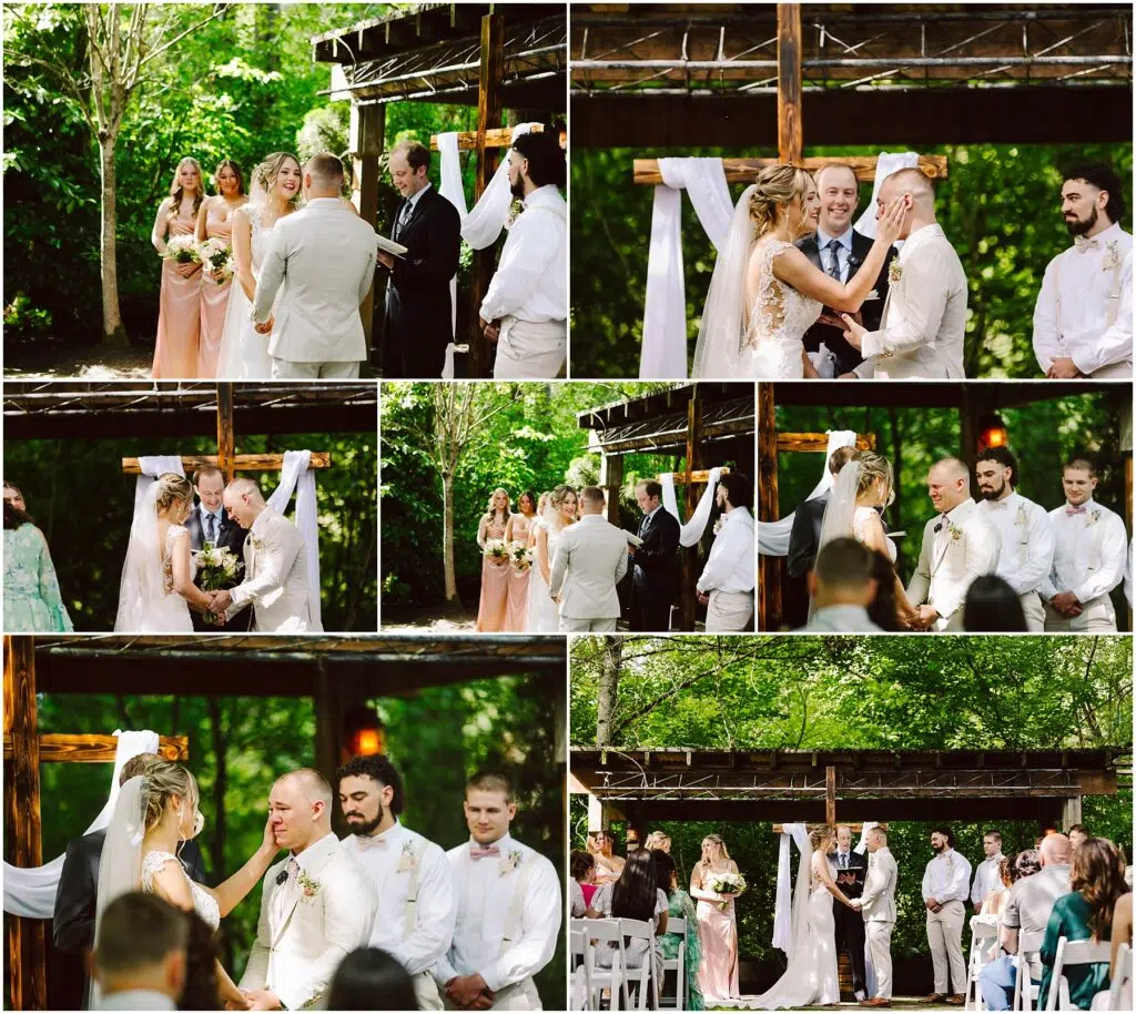 Snohomish Wedding Photographer GSquared Weddings In Snohomish, a couple exchanges vows beneath a wooden pergola adorned with white fabric. Bridesmaids and groomsmen stand alongside as the bride, in her veil, clutches her bouquet. The groom, dressed in a light suit, gazes lovingly as guests watch the touching outdoor ceremony unfold. Serving Seattle, Snohomish and Orlando
