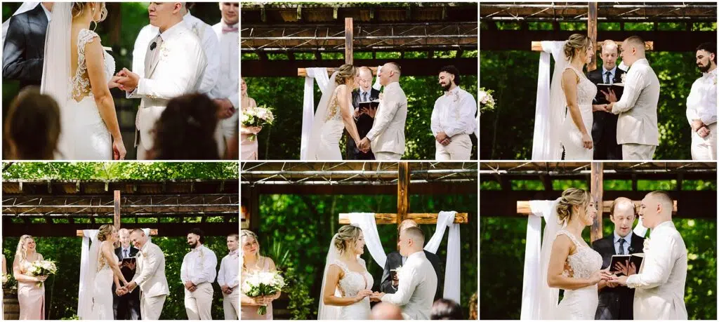 Snohomish Wedding Photographer GSquared Weddings A bride and groom stand at an outdoor wedding ceremony under a wooden pergola in Snohomish. They are exchanging vows and rings, surrounded by bridesmaids and groomsmen. The setting is lush with greenery, and the scene is filled with sunlight. Serving Seattle, Snohomish and Orlando