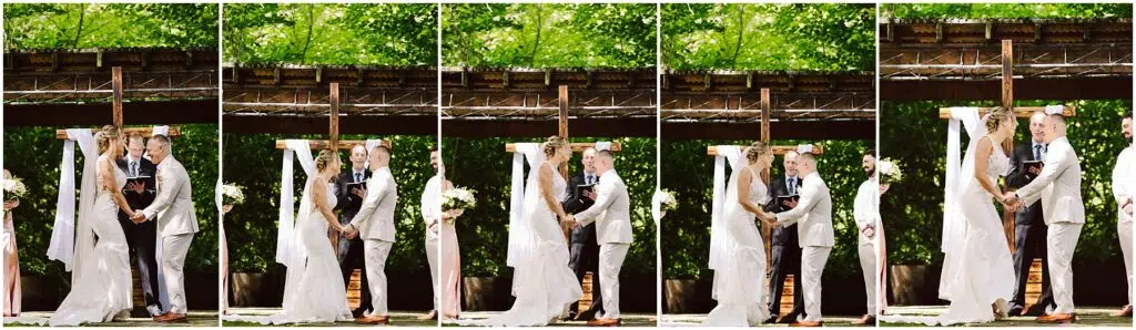 Snohomish Wedding Photographer GSquared Weddings A sequence of six images captures a couples outdoor wedding ceremony in Snohomish. The couple exchanges vows and kisses under a wooden arch, surrounded by lush greenery. An officiant stands nearby, observing the ceremony. The couple looks joyful and elegant in wedding attire. Serving Seattle, Snohomish and Orlando