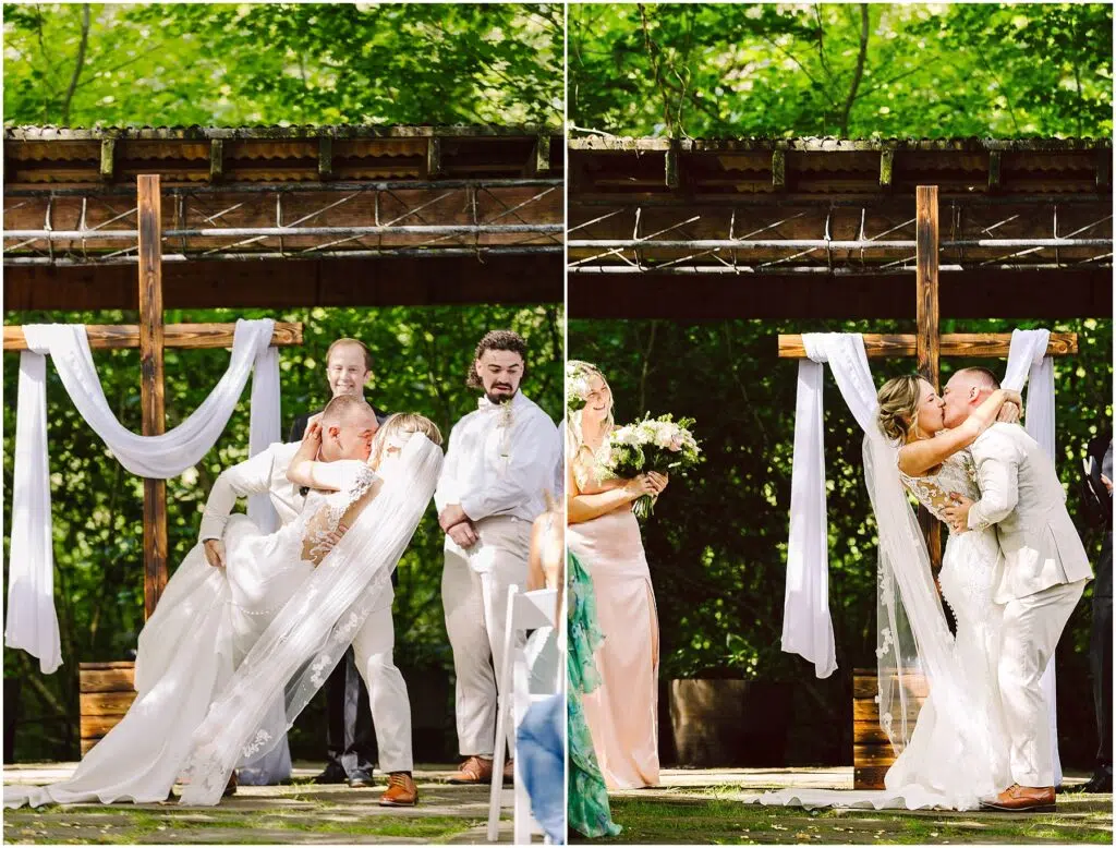 Snohomish Wedding Photographer GSquared Weddings In scenic Snohomish, a bride and groom share a tender kiss in front of an outdoor wedding altar adorned with elegant white fabric. The brides veil flows as they embrace; two bridesmaids holding flowers stand to the left, while a groomsman watches from the right, all surrounded by lush greenery. Serving Seattle, Snohomish and Orlando