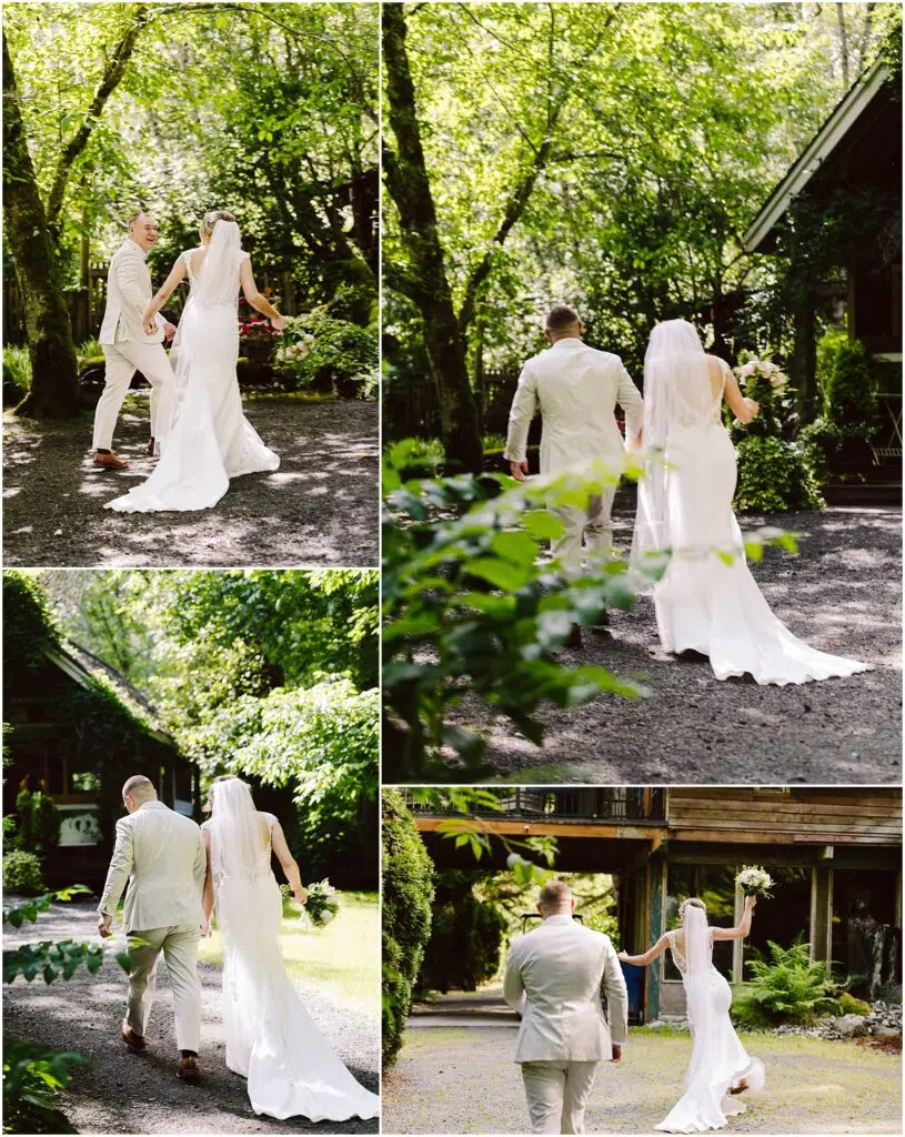 Snohomish Wedding Photographer GSquared Weddings A newlywed couple walks hand in hand down a picturesque Snohomish forest path. The bride, holding a bouquet, wears a white gown and veil, while the groom sports a light gray suit. The lush greenery envelops them as they celebrate their wedding day. Serving Seattle, Snohomish and Orlando