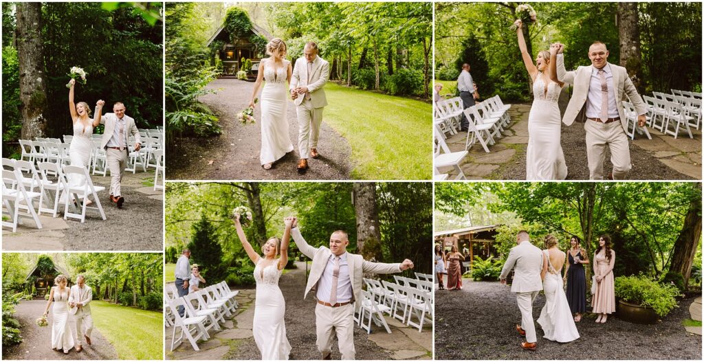 Snohomish Wedding Photographer GSquared Weddings In a lush outdoor setting in Snohomish, the bride and groom joyfully walk down the aisle. The groom dons a beige suit while the bride dazzles in white. Chairs and greenery frame their path, with small gatherings of guests adding to the celebration atmosphere. Serving Seattle, Snohomish and Orlando