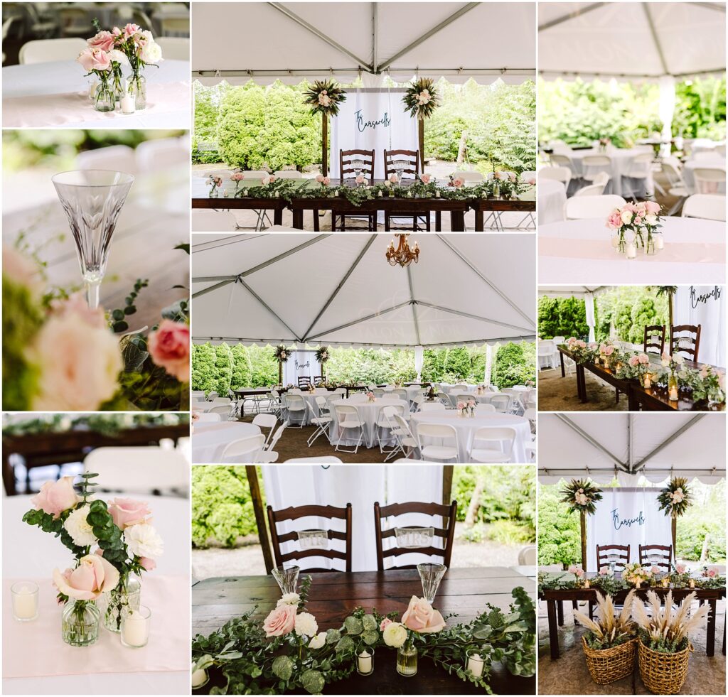 Snohomish Wedding Photographer GSquared Weddings Collage of a Snohomish wedding reception setup under a white tent. Features include tables with floral centerpieces, a family sign, elegant glasses, a chandelier, and a basket with items. Decor is primarily pastel pink and green. Serving Seattle, Snohomish and Orlando