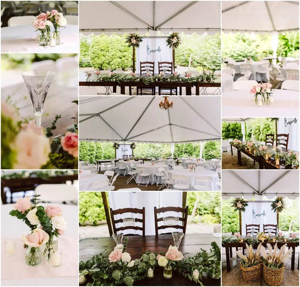 Snohomish Wedding Photographer GSquared Weddings Collage of a Snohomish wedding reception setup under a white tent. Features include tables with floral centerpieces, a family sign, elegant glasses, a chandelier, and a basket with items. Decor is primarily pastel pink and green. Serving Seattle, Snohomish and Orlando