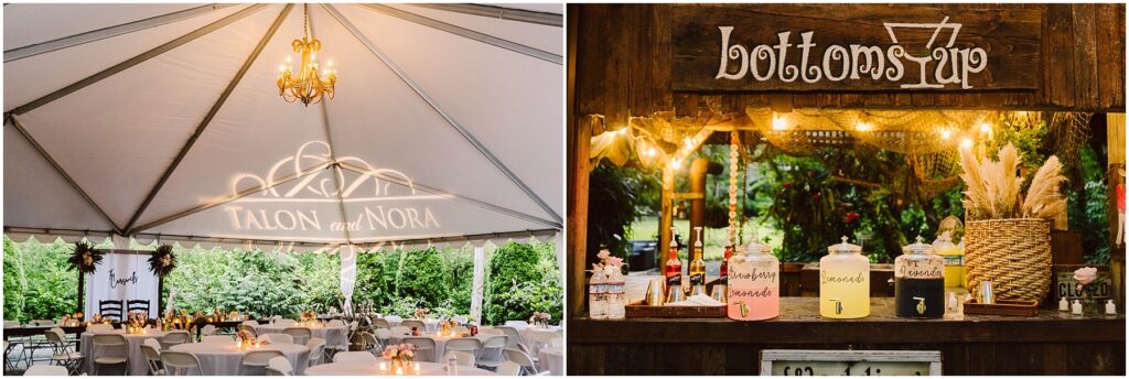 Snohomish Wedding Photographer GSquared Weddings A wedding reception in Snohomish features a white tent, elegantly decorated tables, and a Talon and Nora light projection on the ceiling. Nearby, a rustic Bottoms Up drink station offers jars of lemonade and accessories, beautifully adorned with warm lights and greenery. Serving Seattle, Snohomish and Orlando