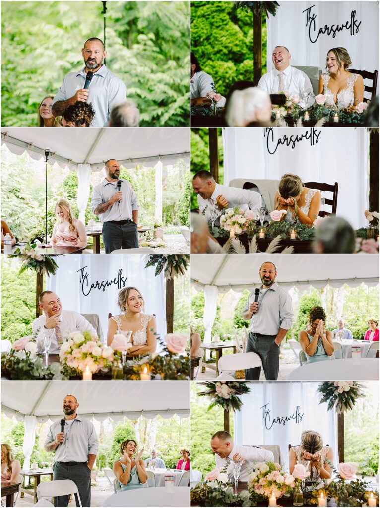 Snohomish Wedding Photographer GSquared Weddings A man gives a speech under a tent at an outdoor Snohomish event. Attendees, seated at a decorated table, react with smiles and laughter. Greenery and flowers adorn the space. A sign with a barely readable name is in the background. Serving Seattle, Snohomish and Orlando