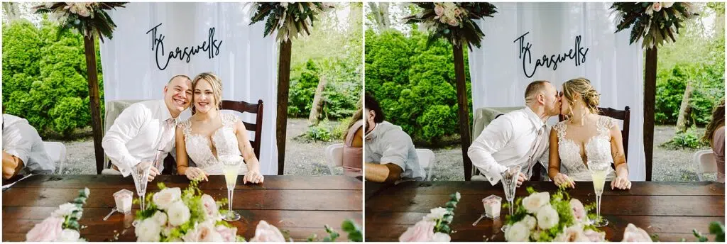 Snohomish Wedding Photographer GSquared Weddings A couple sits at a flower-adorned table, smiling in one photo and kissing in another. Behind them, The Roccasalvos is elegantly scripted on a backdrop. The lush greenery typical of Snohomish creates a picturesque setting around them. Serving Seattle, Snohomish and Orlando